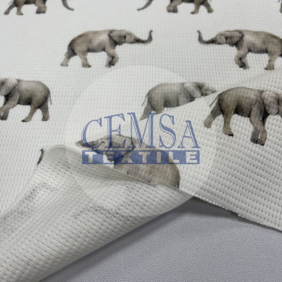 Printed Knitted Waffle Pique Fabric PW_ELPPHNT Printed Knitted Waffle 100% Cotton | Elephant