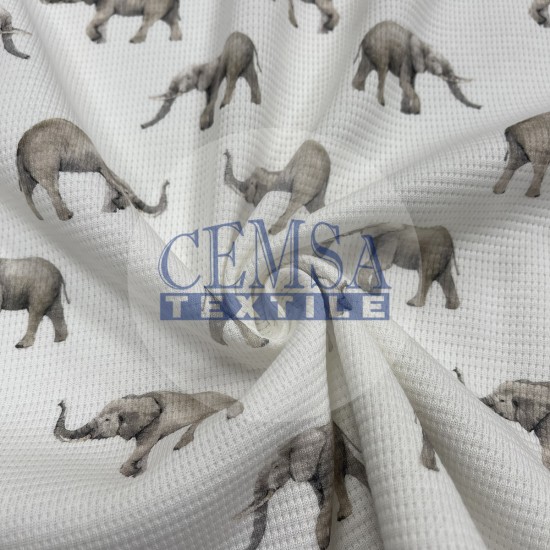 Printed Knitted Waffle Pique Fabric PW_ELPPHNT Printed Knitted Waffle 100% Cotton | Elephant