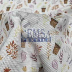 Printed Knitted Waffle 100% Cotton | Leafs & Elephant