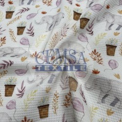 Printed Knitted Waffle 100% Cotton | Leafs & Elephant