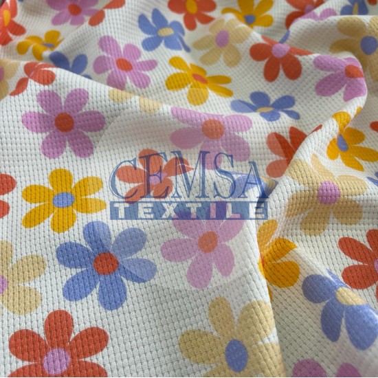 Printed Knitted Waffle 100% Cotton | Flowers Cemsa Textile