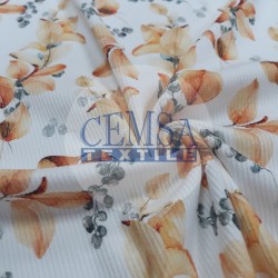 Printed Kashkorse Fabric | 94% Cot 6% Ea | Orange Leaf Printed Kashkorse Fabric | 94% Cot 6% Ea | Orange Leaf