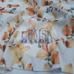 Printed Kashkorse Fabric | 94% Cot 6% Ea | Orange Leaf Printed Kashkorse Fabric | 94% Cot 6% Ea | Orange Leaf