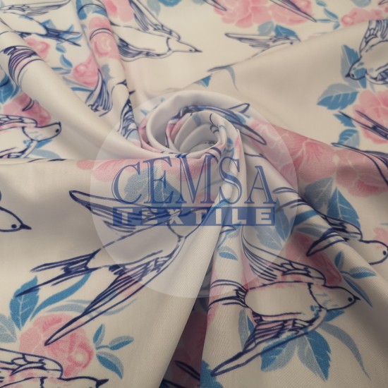 Sateen S_566069 Printed Silky Sateen Fabric | 100% Cotton| Bird-Rose 566069