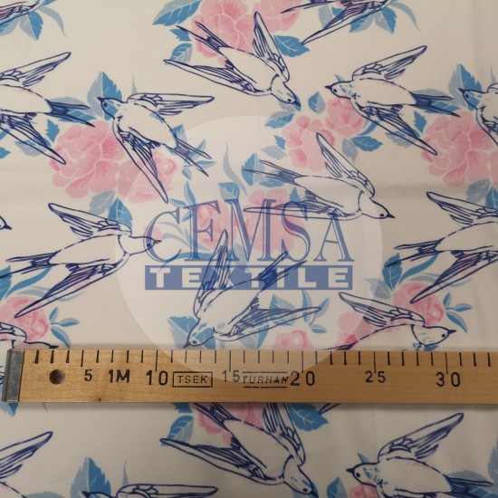 Printed Silky Sateen Fabric | 100% Cotton| Bird-Rose 566069 Cemsa Textile